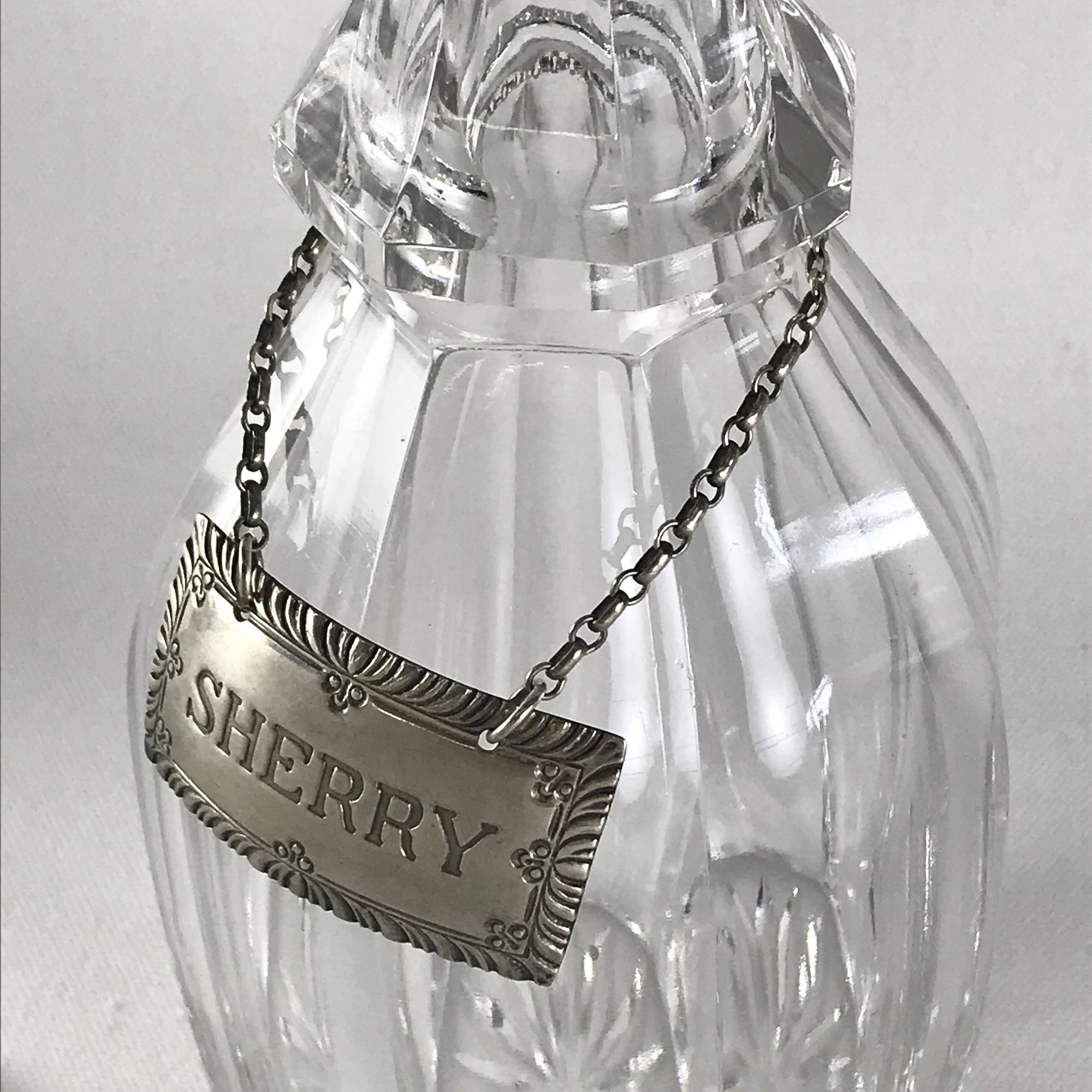 Antique Singed Crystal Decanter With Sterling Silver Brandy Tag