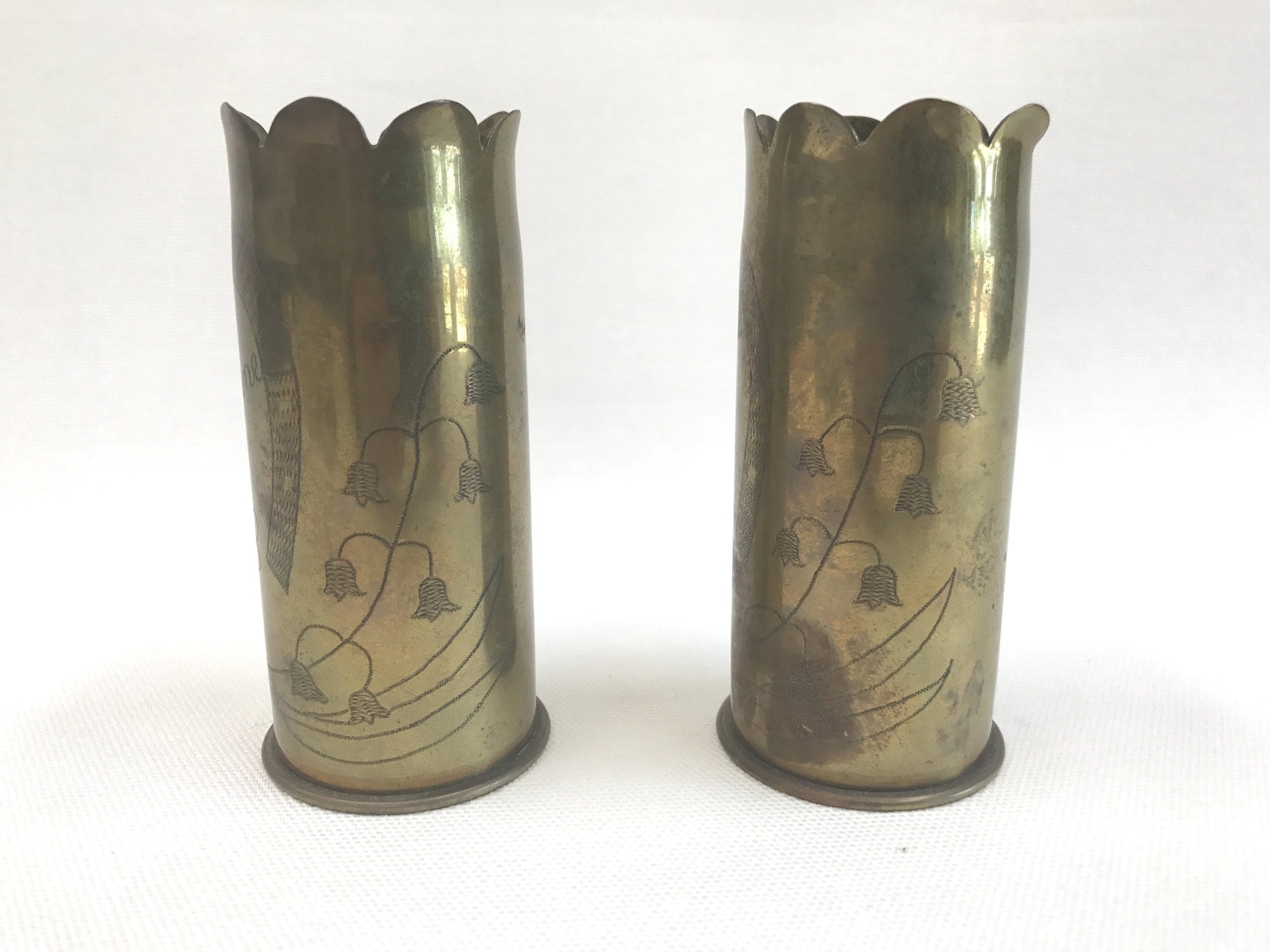 Pair trench art vases 1918 brass WW1 France The Mart Collective LA CA -  themartcollective